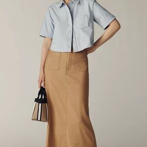 Maeve Camel Tan Midi Skirt with Front Patch Pockets